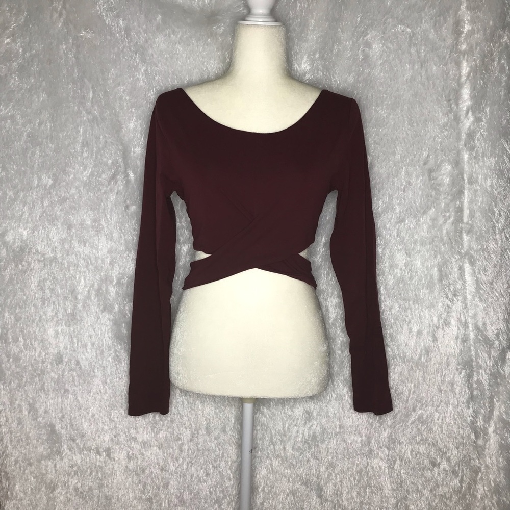 TOBI Maroon Long Sleeve Tie Around Crop Top